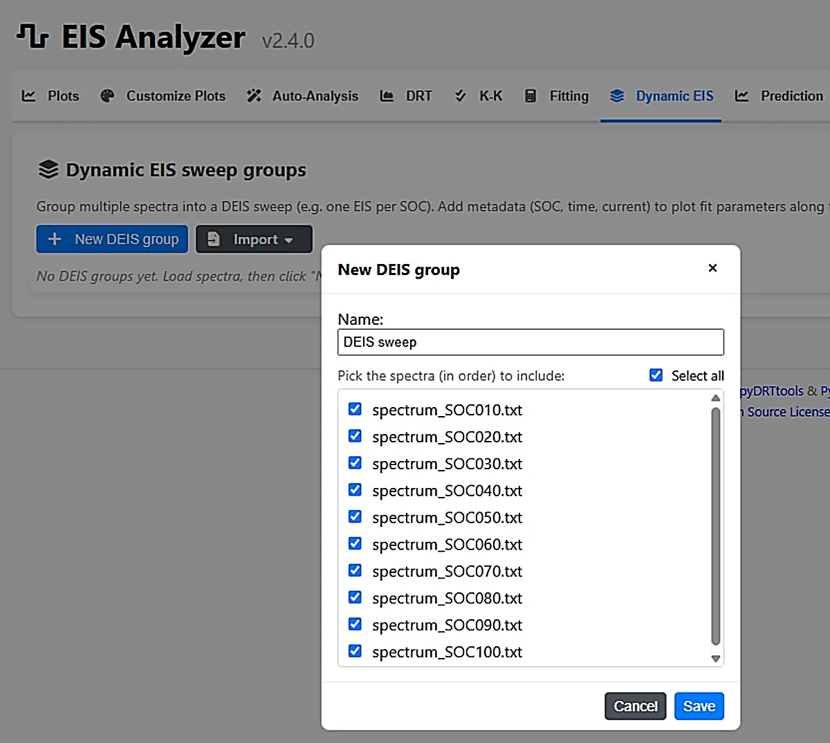 New DEIS group dialog on the Dynamic EIS tab, selecting ten SOC spectra in order