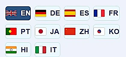 Language selector showing ten flags: EN, DE, ES, FR, PT, JA, ZH, KO, HI, IT