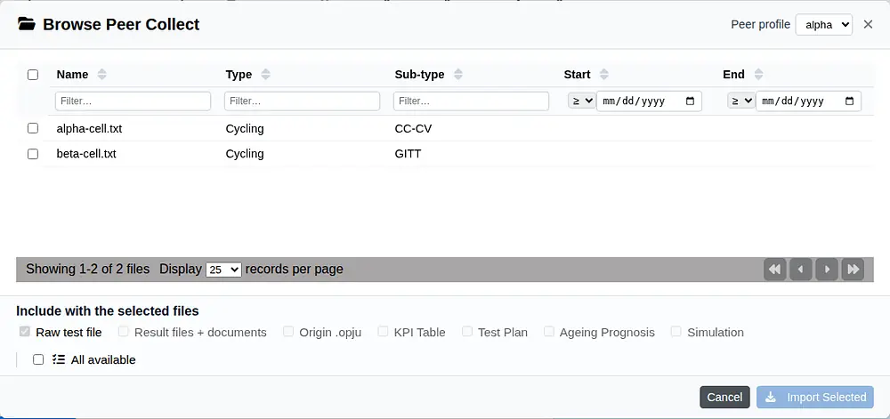 Browse Peer Collect dialog listing a partner workspace’s measurement files for import
