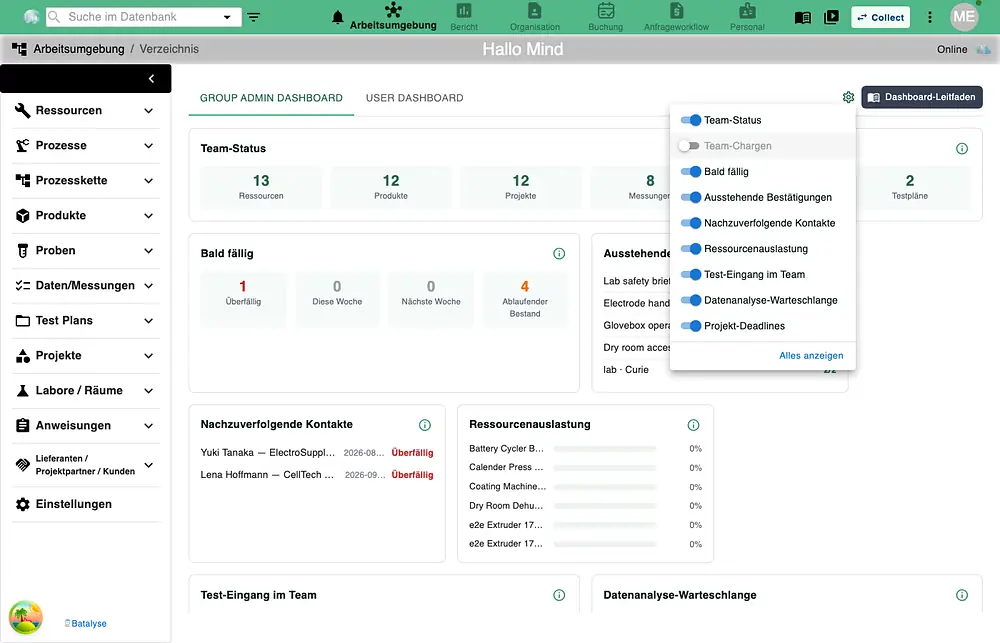 Mind dashboard with the tile settings menu for switching individual tiles on or off