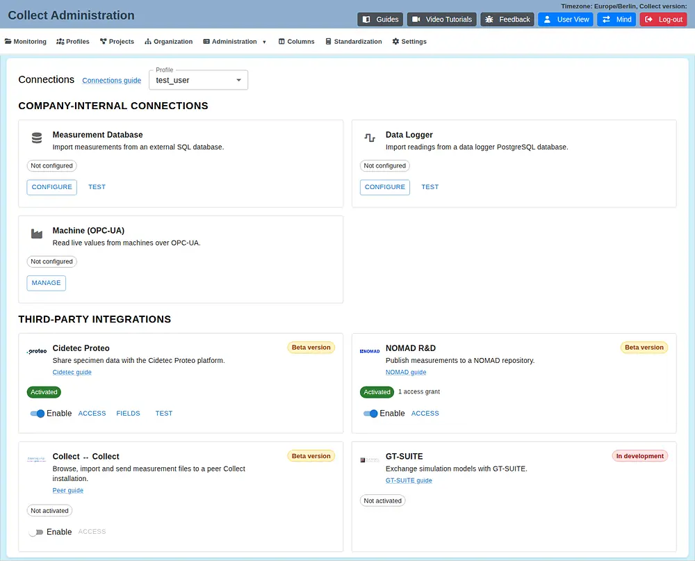 Collect Connections page with company-internal connections and third-party integrations as cards