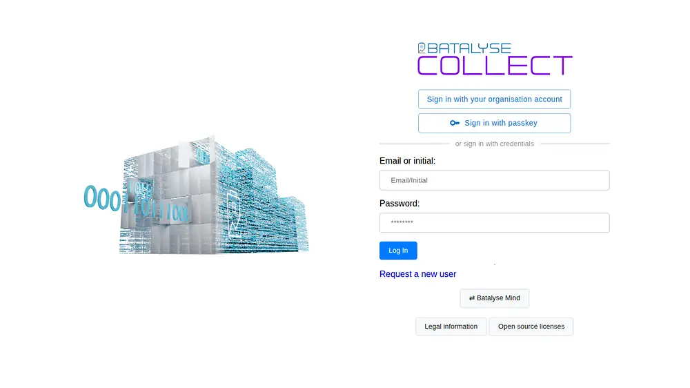 Login page offering organisation account sign-in beside passkey and password