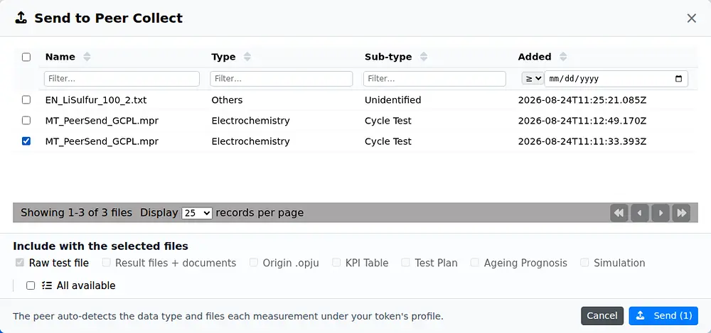 Send to Peer Collect dialog with selected measurement files and optional result files