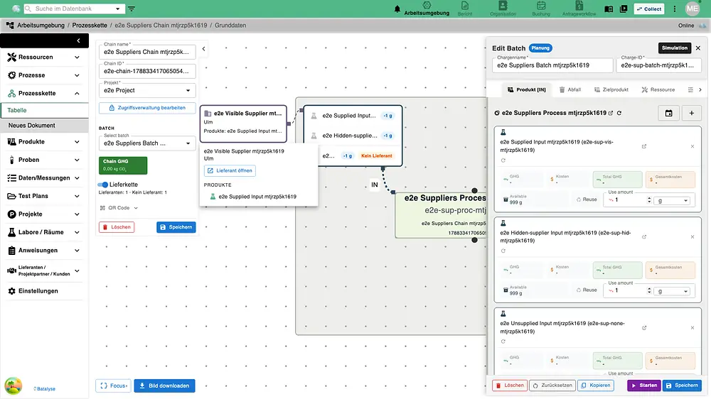 Supplier popover on the Mind process-chain canvas naming the company and its supplied product